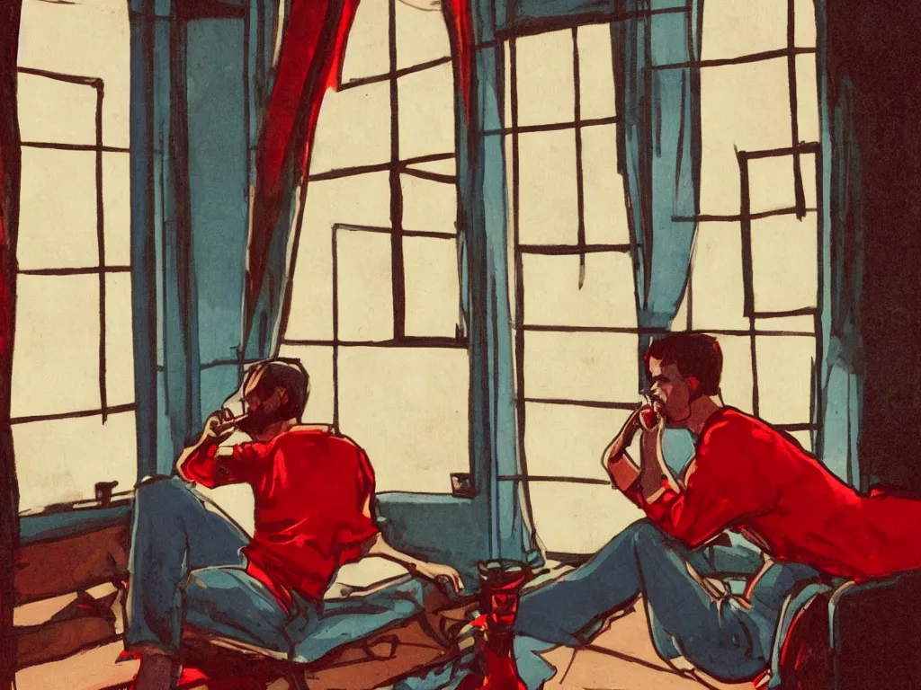 Image similar to single man sitting by the window, smoking a cigarette, blue shorts, red adidas shirt, bedroom, small fan, night, dimly lit, art nouveau style