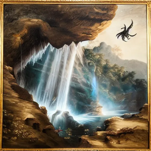 Image similar to oil painting of a dragon flying in the air near a cave with a waterfall in the center, light emanating from the waterfall leading to a big pool of water, dragon has black and white siberian tigerlike stripes, elegant, sharp focus, wide shot, clear, detailed, early renaissance