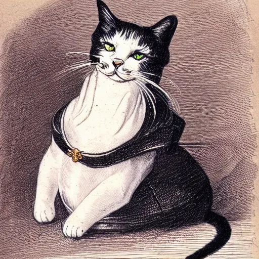 Prompt: a hatched sketch of a cat wearing napoleon's clothing