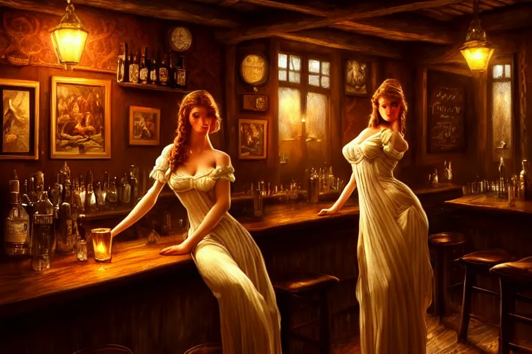 Prompt: a beautiful barmaid, dimly lit cozy tavern, relaxed pose, fantasy, intricate, elegant, dramatic lighting, emotionally evoking symbolic metaphor, highly detailed, lifelike, photorealistic, digital painting, artstation, concept art, smooth, sharp focus, illustration, art by John Collier and Albert Aublet and Krenz Cushart and Artem Demura and Alphonse Mucha, masterpiece