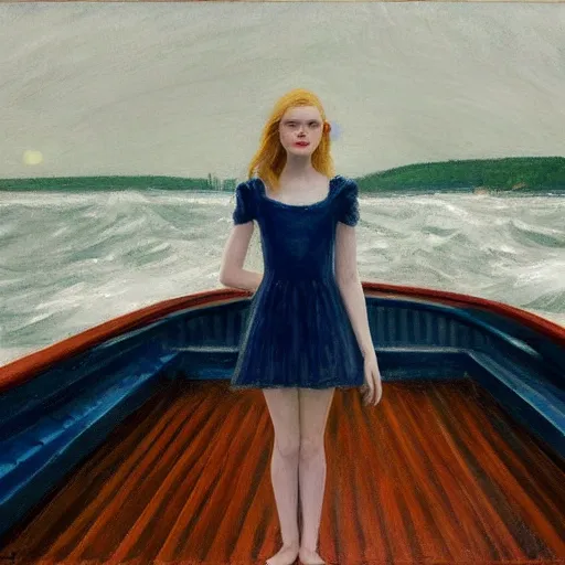 Prompt: Elle Fanning on a boat during a storm, by Edward Hopper, Extremely detailed. 8K. Award winning.