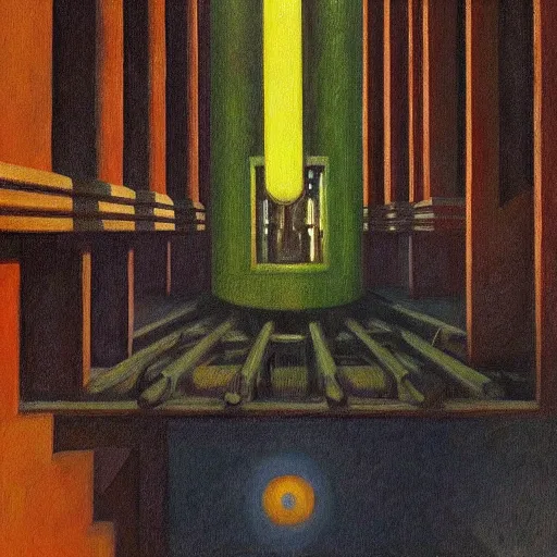 Image similar to view from bottom of a shaft looking up, robot overlords peering down, pj crook, edward hopper, oil on canvas