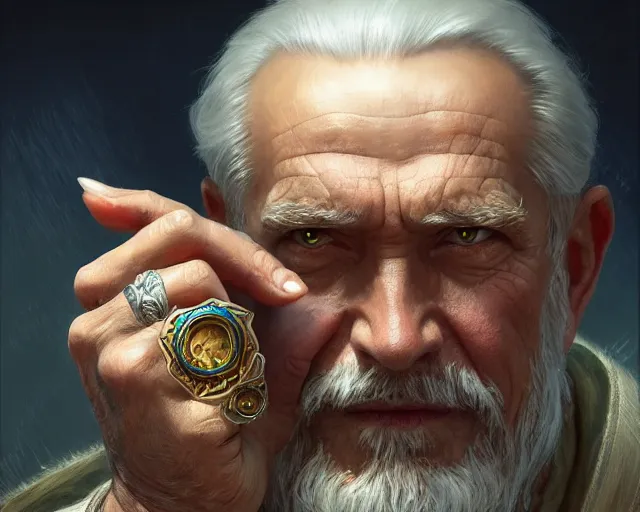 Image similar to old man wearing a ring on each finger, deep focus, d & d, fantasy, intricate, elegant, highly detailed, digital painting, artstation, concept art, matte, sharp focus, illustration, hearthstone, art by artgerm and greg rutkowski and alphonse mucha