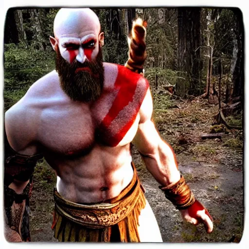 Prompt: kratos the god of war caught in a wood cam picture