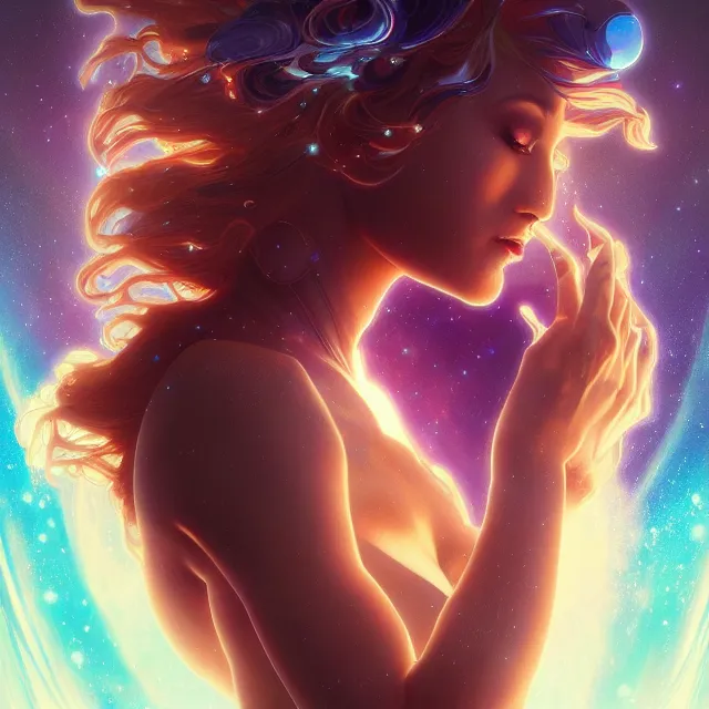 Prompt: close up portrait of beautiful space goddess, exploding nebula, and glowing hair, subsurface scattering, artistic, art by artgerm, greg rutkowski and alphonse mucha, artstation, octane render,