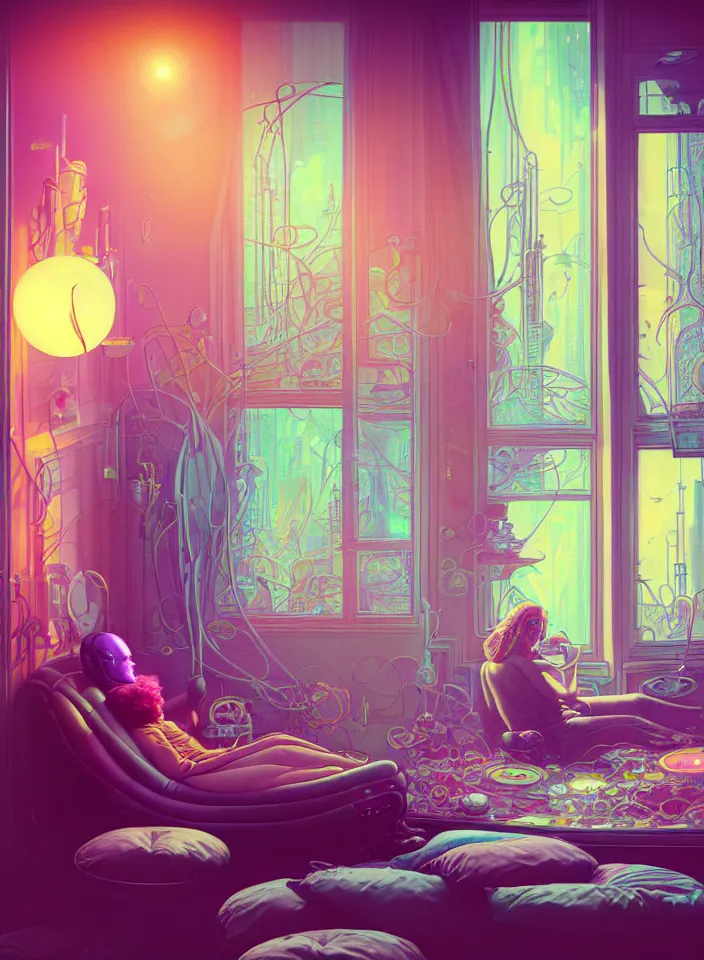 Image similar to telephoto 7 0 mm f / 2. 8 iso 2 0 0 photograph depicting the feeling of chrysalism in a cosy safe cluttered french sci - fi ( ( art nouveau ) ) cyberpunk apartment in a pastel dreamstate art cinema style. ( person relaxing living room near ) ( ( fish tank ) ), ambient light.