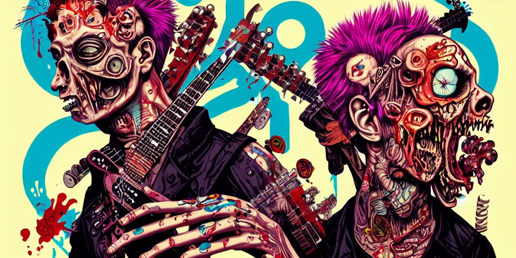 Image similar to a zombie punk rocker with a mohawk playing electric guitar, tristan eaton, victo ngai, artgerm, rhads, ross draws, rule of thirds by francis tneh