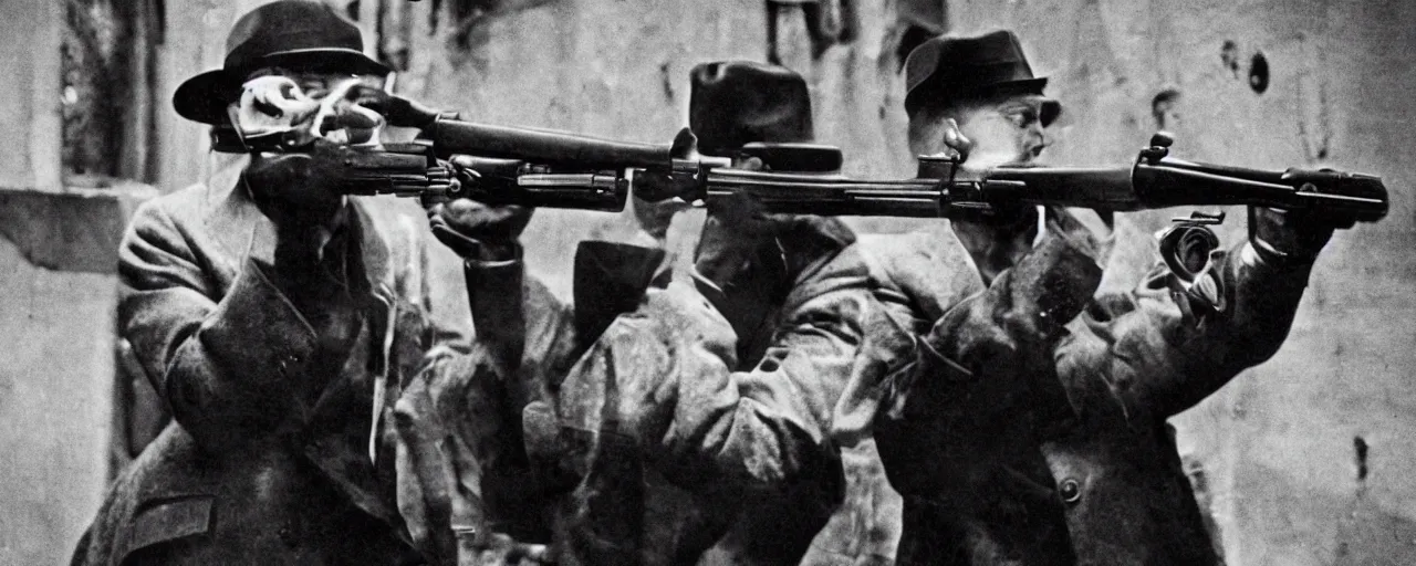 Image similar to 1 9 2 0's gangster shooting with a tommy gun made of spaghetti, canon 5 0 mm, high detailed face, facial expression, cinematic lighting, photography, retro, film, kodachrome