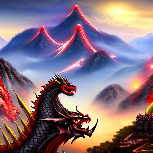 Prompt: Chinese president, bananas weapon, battle the dragon, centered, highly detailed, mountains background, fantasy art, 4k
