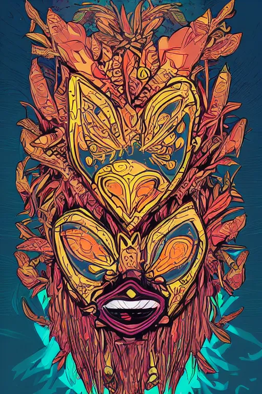 Image similar to animal mask totem roots flower tribal feather gemstone plant wood rock shaman vodoo video game vector cutout illustration vivid multicolor borderlands comics by josan gonzales and dan mumford radiating a glowing aura