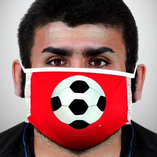 Prompt: overweight kurdish soccer player with face mask and great hair