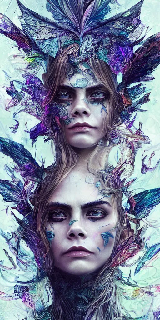 Prompt: an absolutely gorgeous portrait of Cara Delevigne by Android Jones, wings, fractals, Gorgeous colors, face symmetry, insane detail, gorgeous colors, strong composition, awe inspiring lighting, psychedelic, volumetric light, symmetry, subsurface scattering