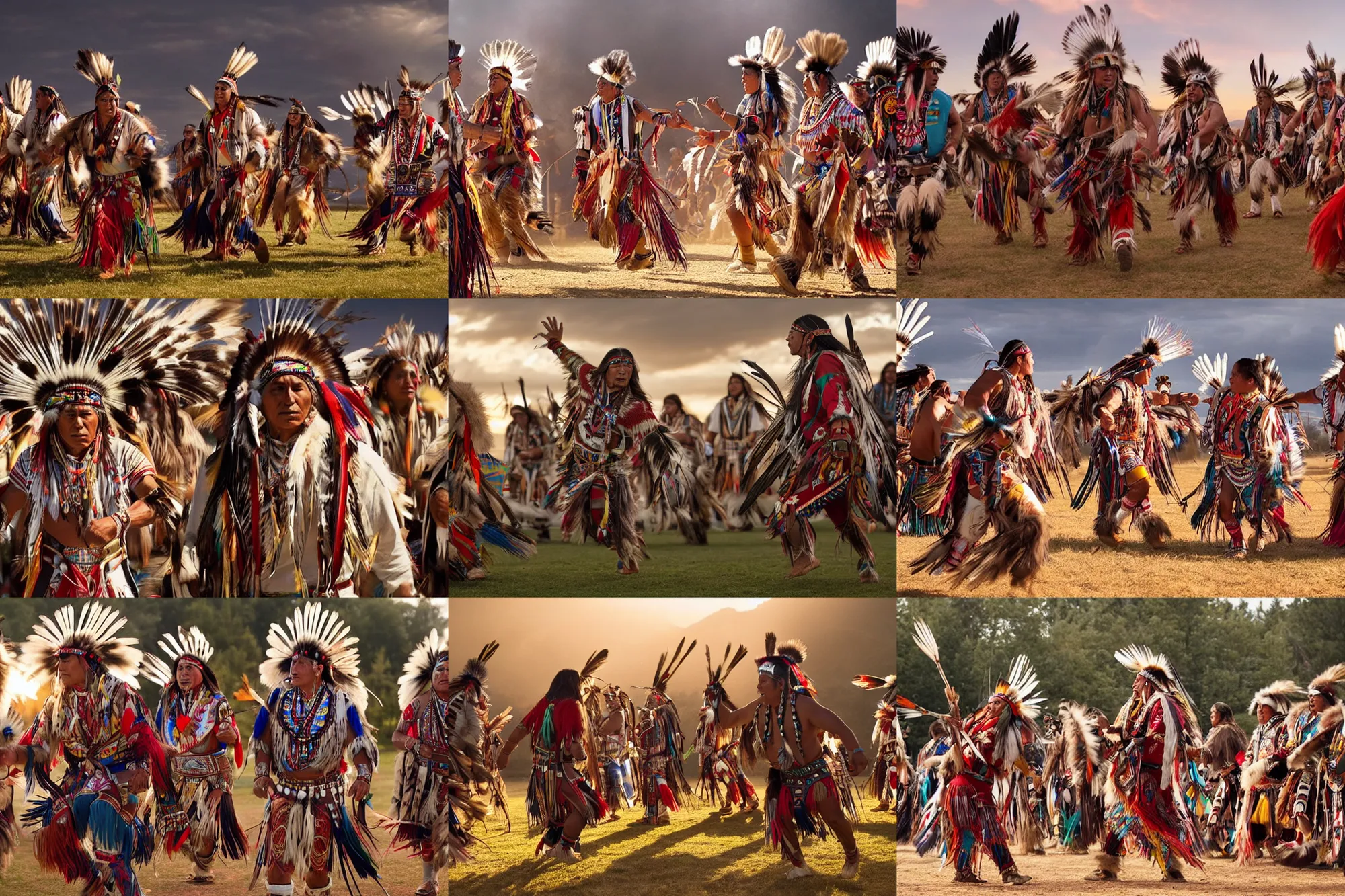 Prompt: movie still of native americans dancing in a pow wow, intricate pow wow regalia, dessert, golden hour, cinematic lighting, critically acclaimed, hd, movie directed by zack snyder and james camerom