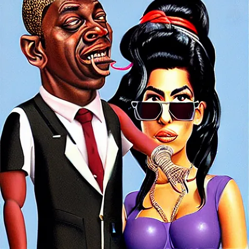 Image similar to beautiful lifelike painting of flava flav and amy winehouse buying a yacht in dubrovnik, hyperreal detailed facial features and uv lighting, art by ed roth and basil wolverton