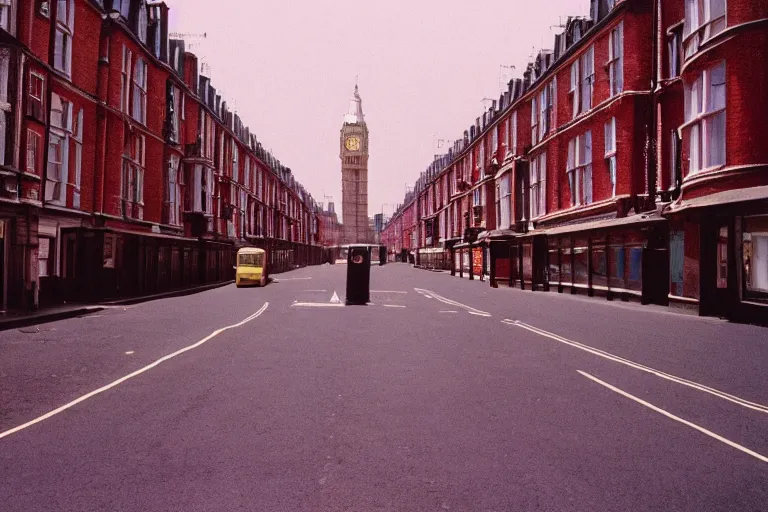 Prompt: London Street in the style of The Grand Budapest Hotel, a sunny day, 35mm, Kodak Vision3