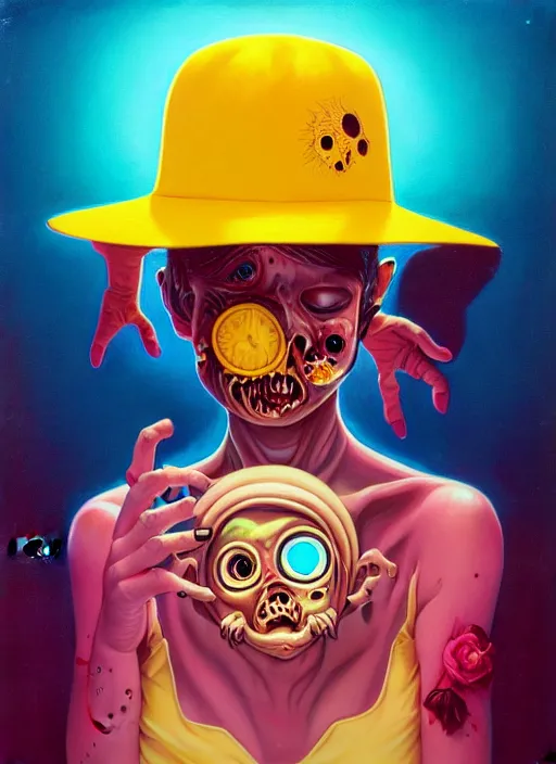 Prompt: a baby zombie in a yellow hat, tristan eaton, victo ngai, artgerm, rhads, ross draws