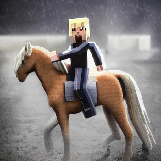 Image similar to cute annie leonhart riding a minecraft horse in minecraft, beautiful face, pale skin, rule of thirds, cinematic lighting, rainy weather, melancholy atmosphere, sharp focus, backlit, stunning, smooth, hard focus, full body shot, instagram photo, shot on sony a 7 iii, hyper realistic