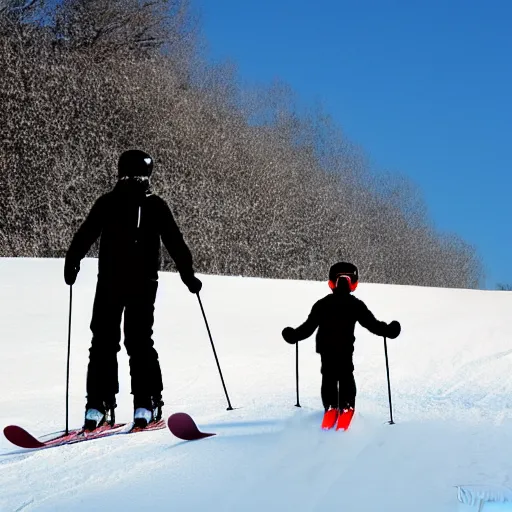 Image similar to a father and son snow skiing, minimalism