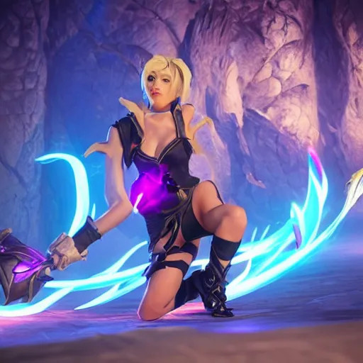 Image similar to still of pretty Riven (Legends of Runeterra) in KDA music video. 3d render, octane render, game art, realistic, highly detailed, trending on artstation, 4k, trending on artstation, pixar, cgsociety, unreal engine 5, redshift render, trending on artstation, blender, behance, cg