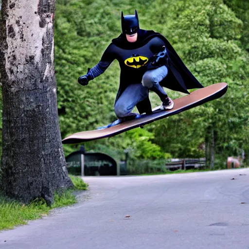 Prompt: batman riding downhill longboard, sliding, photo