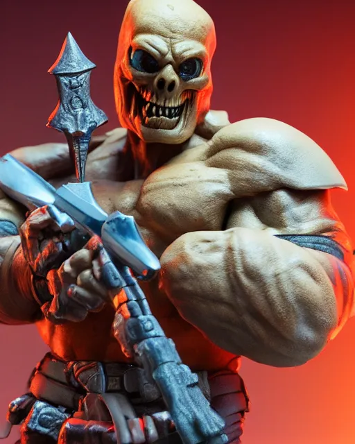Image similar to closeup he-man action figure in castle grey skull, rim lighting, octane, Natasha Tan, Maciej Kuciara, Edgar Rice Burroughs,