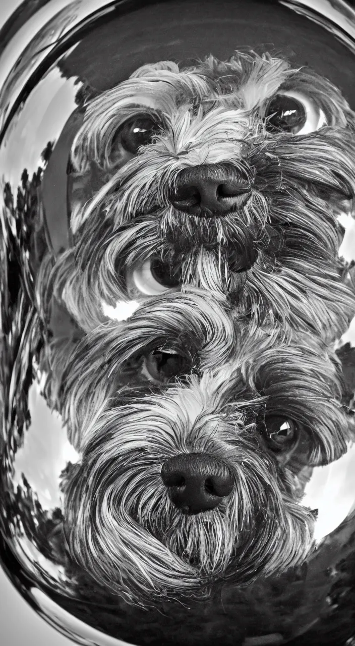 Image similar to fish eye lens portrait of one havanese dog reflected in a chrome sphere, ultra wide 8 mm, by m c escher pen and paper