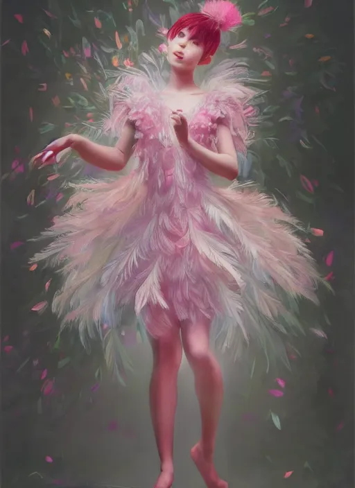 Image similar to beautiful little girl with an pink eccentric haircut wearing an dress made of feathers dancing on stage, artwork made by ilya kuvshinov, inspired in donato giancola, hd, ultra realistic, reflection, flowers, light, realistic face, bird, trending on pixiv, 8 k