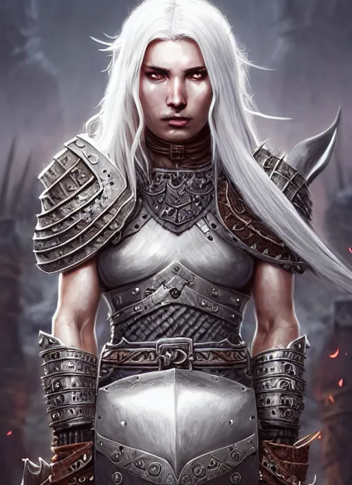 Image similar to barbarian, plated armor!!! long wild white hair!! covered chest!!! fantasy, d & d, intricate ornate details, digital painting, pretty face!!, symmetry, concept art, sharp focus, illustration, art by artgerm! greg rutkowski magali villeneuve wlop! ilya kuvshinov!!, octane render