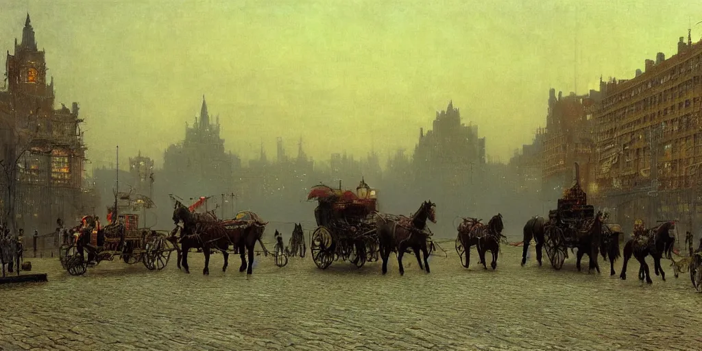 Image similar to Horse carriages, evening, detailed matte painting, cinematic, John Atkinson Grimshaw, Artstation