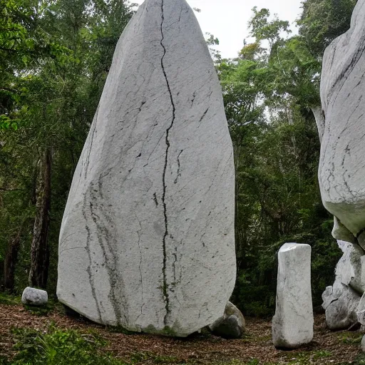 Image similar to white marble cliff in a meditereanian forest, with standing stones on top, by burdisio, alejandro