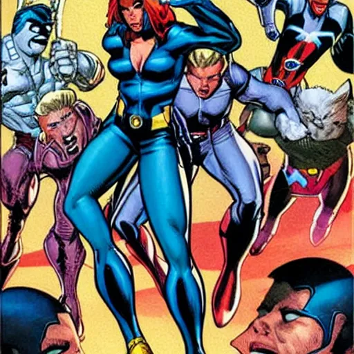 Prompt: X-men comic book cover drawn by Rob Liefeld but with realistic feet, 90s comic book, comic book, Marvel, 90s, by Rob Liefeld