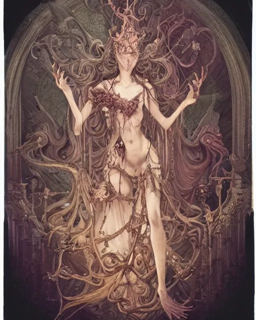 Image similar to a beautiful detailed front view of a dead rotten princess growing ornate baroque, ornamentation, elegant, beautifully soft lit, by wayne barlowe, peter mohrbacher, kelly mckernan, polaroid photography