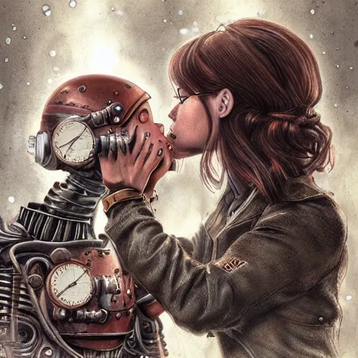 Image similar to Ultra realistic illustration,a women kissing a robot, steampunk, sci-fi, fantasy