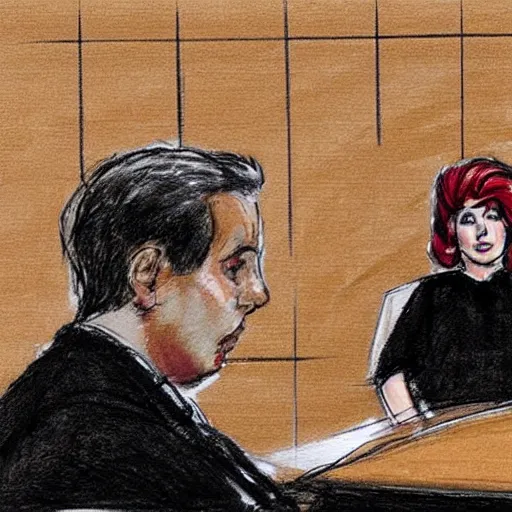 Image similar to courtroom sketch of lady gaga in the witness stand pointing at the hamburgler who is sitting at the defendant ’ s table