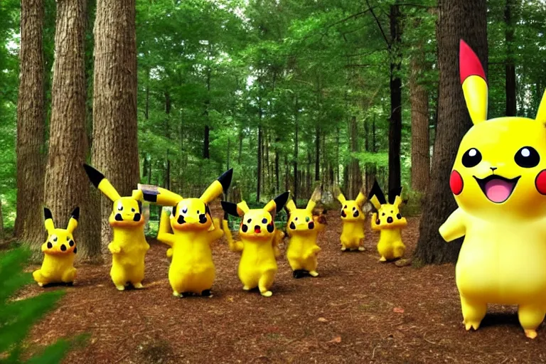 Prompt: an anime forest full of Pikachu