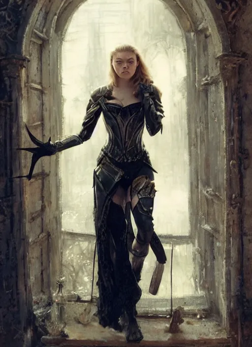 Image similar to young beutifull mischievous natalie dormer wearing black medieval armour, bare legs, detailed, by gaston bussiere, bayard wu, greg rutkowski, giger, maxim verehin, greg rutkowski, masterpiece, sharp focus, cinematic lightning