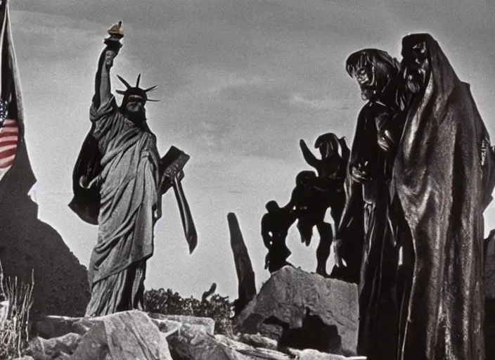 Image similar to film still of Christian Bale as George Taylor!!!!! at the buried statue of liberty in Planet of the Apes 1968