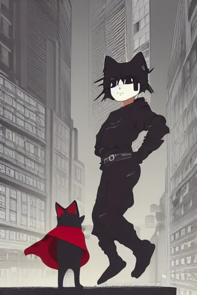 Image similar to little boy with cat ears in an big black outfit with red cape. digital artwork made by lois van baarle and kentaro miura, sharpness focus, inspired by hirohiko araki, anatomically correct, heroic composition, hero pose, smooth, noir city