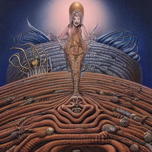 Prompt: the queen of pluto by jacek yerka, alex gray, zdzisław beksiński, dariusz zawadzki, jeffrey smith and h.r. giger, oil on canvas, 8k highly professionally detailed, trending on artstation