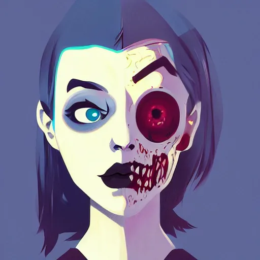 Image similar to Digital portrait of a cartoon punk zombie young lady by Atey Ghailan, by Loish, by Bryan Lee O'Malley, by Cliff Chiang, ((dark blue moody background))