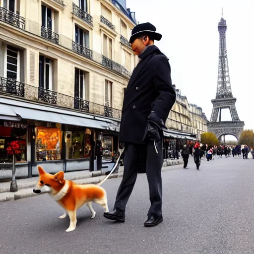 Image similar to Shiba Inu in a beret walks down the streets of Paris, carrying a baguette