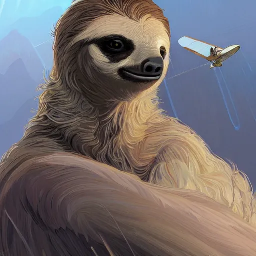 Image similar to detailed science - fiction character portrait of a sloth hang gliding, wild, highly detailed, digital painting, artstation, concept art, smooth, sharp focus, illustration, art by artgerm and greg rutkowski and alphonse mucha