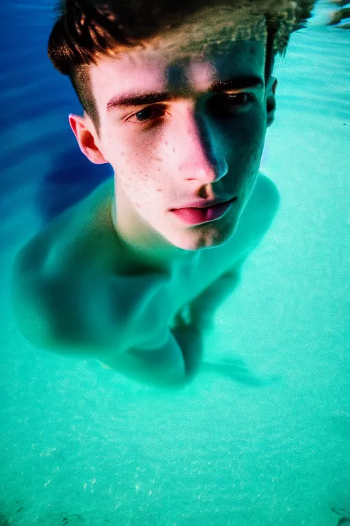 Prompt: high quality pastel coloured film mid angle docu photograph of a beautiful young 2 0 year old male, soft features, short black hair, swimming, submerging in an icelandic black rock pool environment. atmospheric. three point light. photographic. art directed. ( pastel colours ). volumetric light. clearcoat. waves glitch. 8 k. filmic.