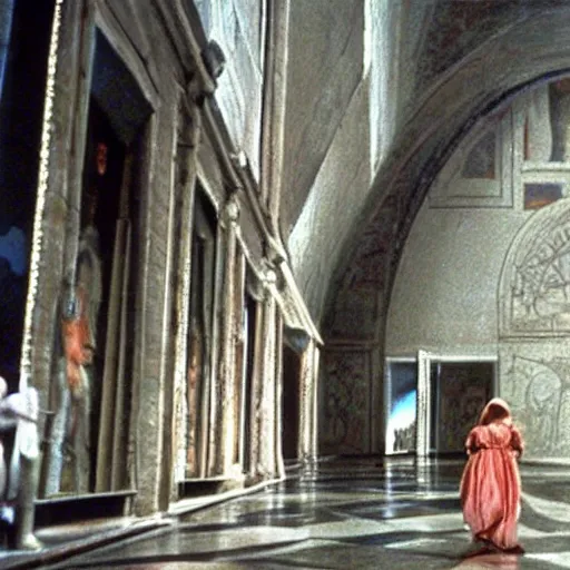 Image similar to a scene from the movie la felicita ( 1 9 7 1 ) by luchino visconti with mastroianni and claudia cardinale walking in a scifi cyberpunk!!!! futurist city reminiscent of the ( ( ( ideal city by piero della francesca. technicolor ) ) ), cinematic, 5 0 mm, highly detailed