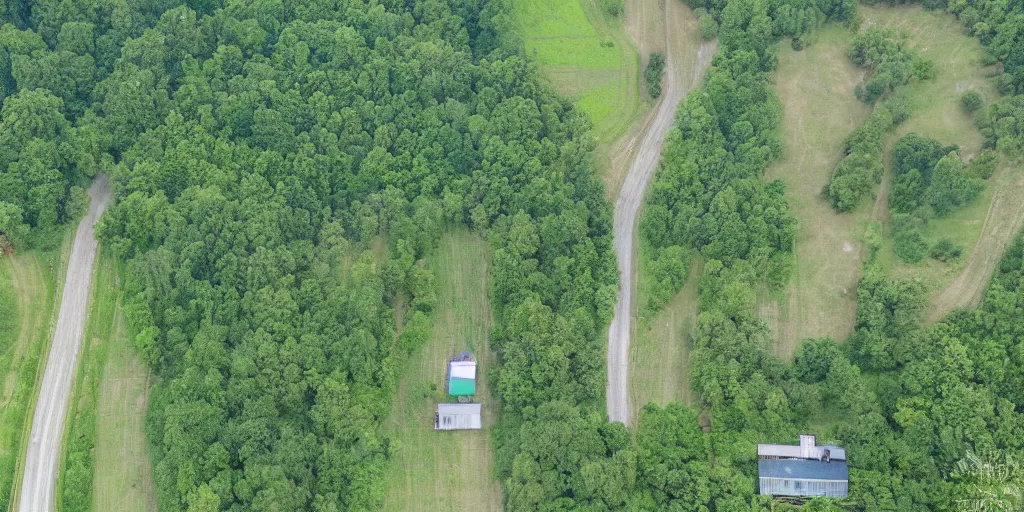 Prompt: a small farm which is surrounded by a forest, an asphalted road leading along the farm leads to the farm, next to the road is a pedestrian path and evenly arranged trees, on the farm is a lot of space and some buildings are present, right next to the farm are some fields with plants, on one field is a tractor, bird's eye view picture, ultra realistic, high detail, 4k, trending on artstation