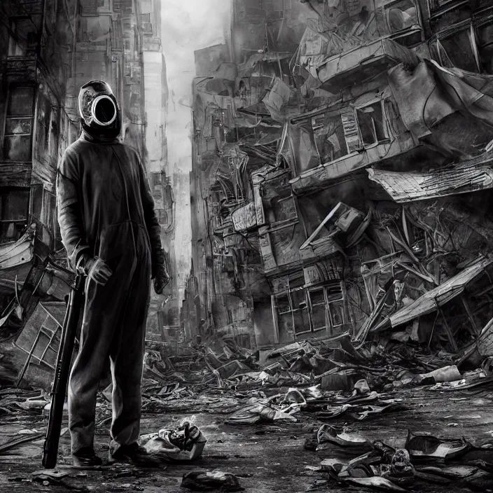 Image similar to hooded apocalyptic man in gas mask standing in street of destroyed city, hyper - detailed, smooth, sharp focus, 4 k ultra hd, fantasy dark art, apocalyptic art