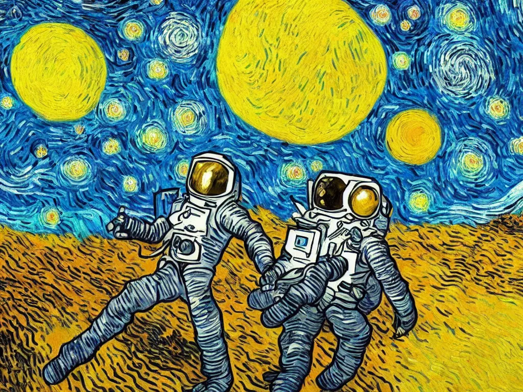 Prompt: bright beautiful oil painting of astronaut lands on a tropical candy planet, light scatter, van gogh