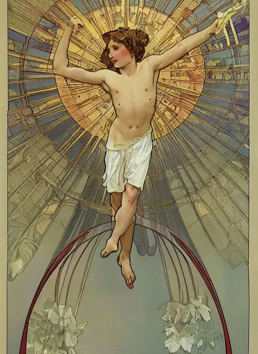 Prompt: digital character concept art by paul berthon and alphonse mucha, portrait of a young 1 2 years old icarus a god, twelve years old, arms spread wide looking skyward as if to fly, large mechanical bird wings, beautiful, smooth body, night time, light effect, clouds, stars, glowing lanterns, detailed, poster art, lithograph, hyper detail