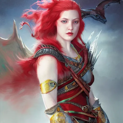 Image similar to a beautiful hyper realistic detailed epic concept art showing a noble knight women with red hair accompanied by the sacred spirit raccoon, by tom bagshaw, ross tran and bayard wu, in the style of dragon age, featured on artstation