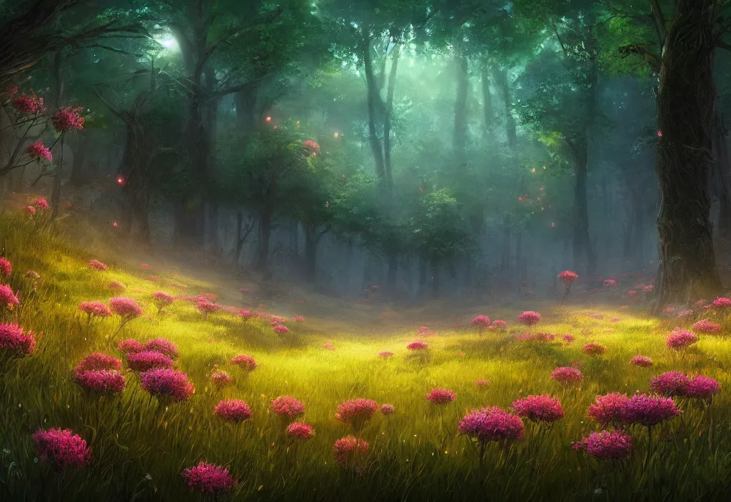 Image similar to a meadow with glowing flowers an forest behind it, night time, epic fantasy, detailed, intricate, digital painting, concept art, realistic, smooth, focus, rim light